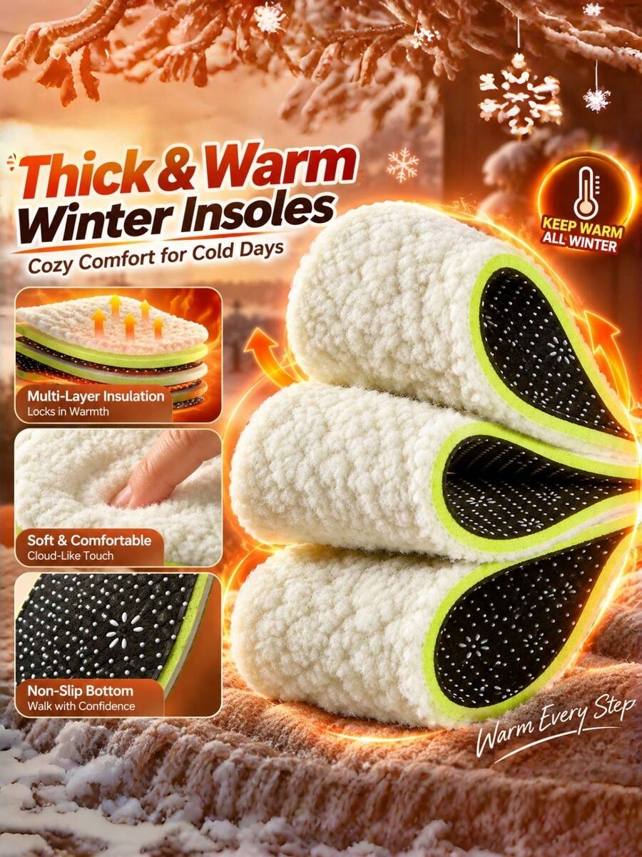 QKC 1 Pair Fleece Lined Winter Insoles, Soft Plush S Insoles, Multi-Layer Design Anti-Slip Bottom, Unisex Warm And Comfortable Shoe Pads - Beige - View 1