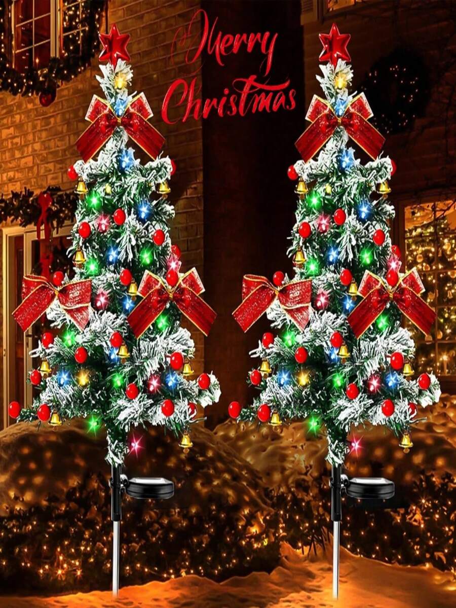 2pcs Ribbon Christmas Tree Lights, LED Cedar Garden Stake Lights, Featuring Red Ribbons, Berries, Bells, And Stars, Suitable For Christmas Decorations, Home Decor, Party Decorations, Yard Decorations, Garden Decorations, And Lawn Decorations. - Star-shaped Christmas Tree Lights - View 1