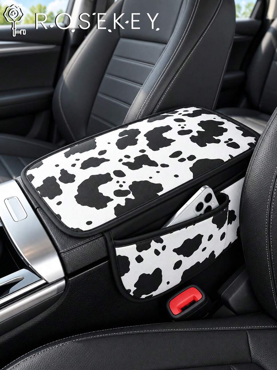 1pc Shiny Rhinestone Car Armrest Cover, Luxury Quilted PU Car Dashboard Mat With Side Storage Pocket, Diamond Pattern Sparkling Crystal Car Interior Accessory, Universal Fit For SUV, Sedan, Truck And Other Vehicles - Style B - View 1