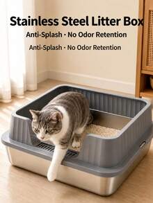 1pc Extra Large Stainless Steel Cat Litter Box, High-Edge Anti-Splash Fence, Detachable And Easy To Clean, Suitable For Indoor Cats - one-size - View 2