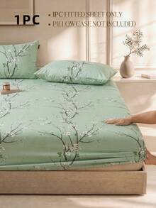 1pc Green Plum Blossom Pattern Fitted Sheet, Mattress Protector, Mattress Cover, Fitted Sheet, Soft And Breathable, Fits All Bed Sizes - Twin, Full, Queen, King, Deep Pocket Up To 11.8 Inches, Machine Washable. Back To School Dorm Essential - Pastel Green - View 2