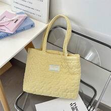 1pc Personalized Name Quilted Plaid Tote Bag, Customized Checkered Shoulder Bag, Bridesmaid Gift, Embroidered Name, Lightweight Shopping Handbag - Multicolor - View 16