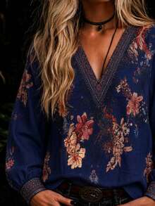 Women's Bohemian Print V-Neck Long Sleeve Blouse, Regular Fit Woven Fabric, Suitable For Autumn - Navy Blue - View 4