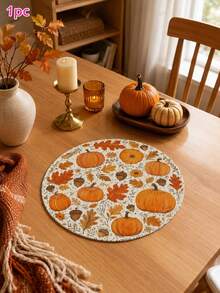 1/4/6PCS Pumpkin Maple Leaf Round Linen Placemats, Rustic Autumn Harvest Printed Dining Table Mats, Farmhouse Heat Resistant Decorative Place Mats For Thanksgiving Kitchen Dining Room Fall Home Table Decor - Multicolor - View 7