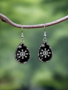 YUJUGLOW 1 Pair Christmas Classic Black & White Snowflake Pattern With 316 Stainless Steel Water Drop Earrings, Suitable For Women's Daily Wear - Black - View 7