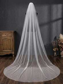 Pearl & Crystal Beaded Edge Veil, Minimalist Luxury Bridal Tulle Wedding Veil - Multicolor - View 6
