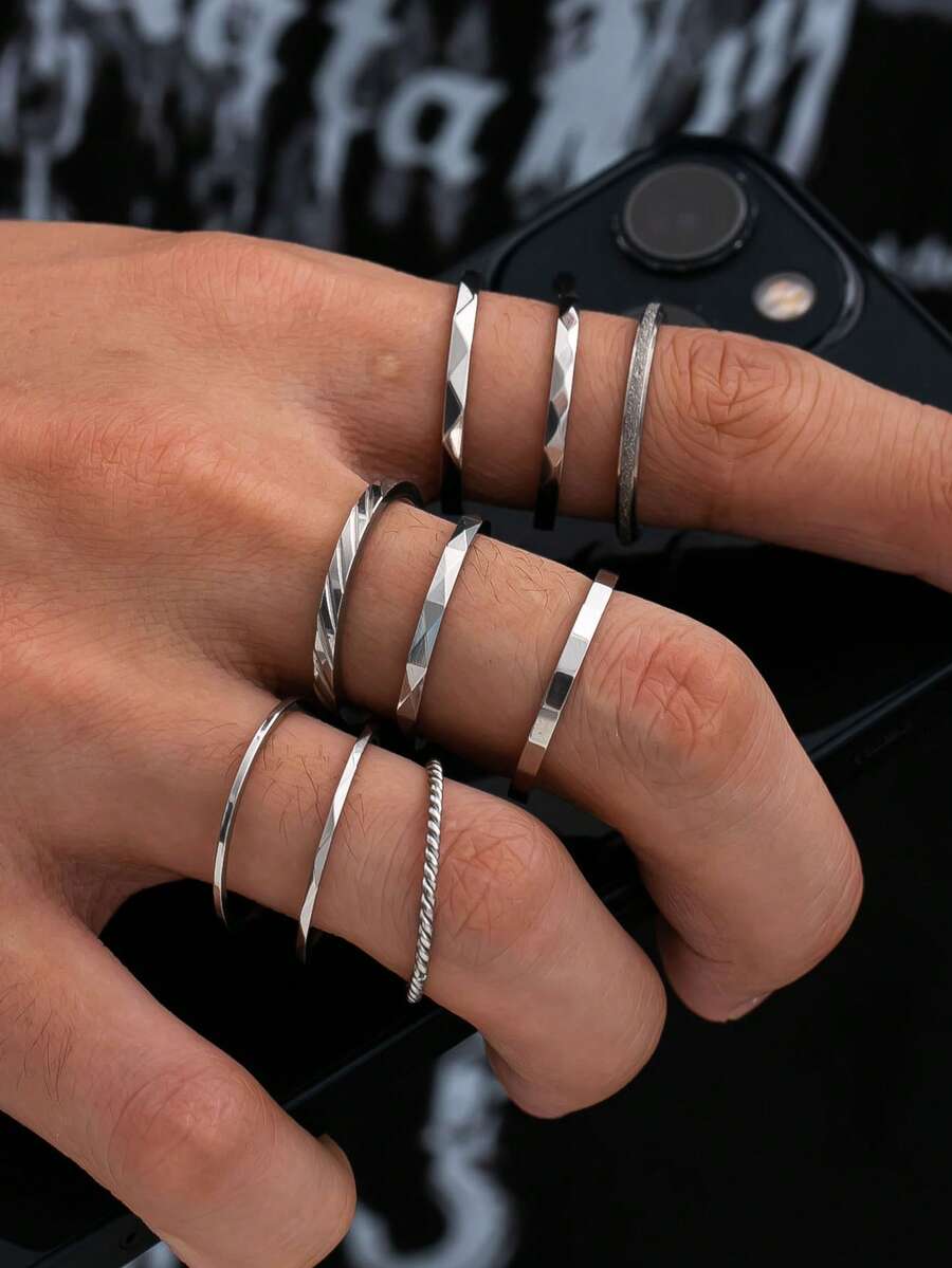 9pcs/Set Silver Stainless Steel Rings Men's Fashion Rings Stackable Jewelry Suitable For Halloween Gift For Husband Friend Selected Gift - Silver - View 1
