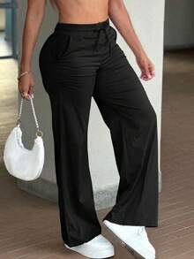 Women's Summer/Autumn Basic Solid Color Drawstring Linen-Style Wide Leg Pants, Loose Casual Long Pants, Suitable For Back To School, Beach Vacation And Daily Wear - Black - View 8