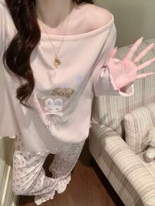 2pcs Women's Pajama Set, Pullover Round Neck Asymmetrical Shoulder Cute Animal Print Long Sleeve Pants, Easy Care Fabric - Pink - View 7
