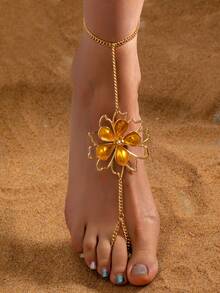 1pc Double Layer Gold Oil Drip Enamel Hollow Floral Toe Ring Foot Chain, Elegant Elegant Sexy Jewelry Suitable For Vacation And Party - Orange - View 3