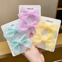 8pcs Macaron Color Sweet Girl Hair Clips, Dreamy Shiny Organza Bow Hair Clips With Pearl Decoration, Hair Accessories, Suitable For Daily Wear, Gift Giving - Multicolor - View 8