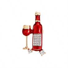 Vintage Enamel Wine Bottle & Goblet Brooch, Clear Rhinestone Inlaid Lapel Pin, Alloy Decorative Badge For Coat Scarf Fashion Jewelry Gift - Red - View 6