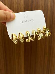 Women's Mixed Gold Shell & Flower Hoop Earrings 9 Pairs Set, Seashell Texture Thick Style Personalized Daily Accessories - Gold - View 10