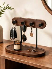 1pc Wooden Key Storage Tray With 4 Hooks, Entryway Desktop Key Car Key Coin Card - Multicolor - View 3