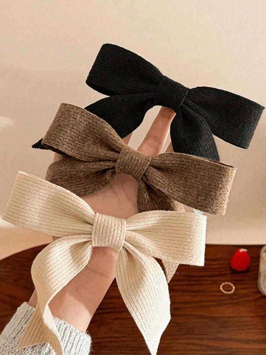 1/2/3pcs Women's Knitted Striped Bow Hair Clips Duck Mouth Clips Autumn/Winter Straight Hair Clips Back Of Head Hair Clips Simple Style Hair Accessories For Women