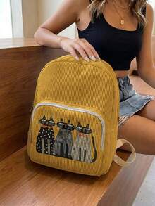 1PC Women's Mini Backpack, Corduroy Girls School Bag, Travel Storage Bag, Kitten Print Design, Large‑Capacity Foldable Easy‑To‑Store Bag, Lightweight & Pressure‑Relieving, Multi‑Pocket Layered Design With Zipper Closure - Three Little Kittens 3333749 - View 4