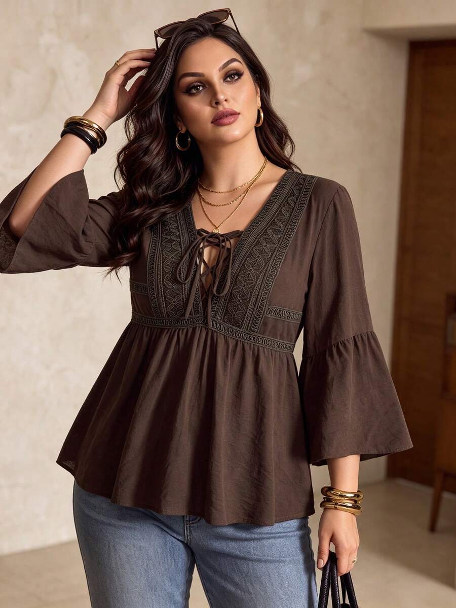 Rusttydustty Women's Plus Size Brown V-Neck Tie Lace Patchwork Bohemian Vacation Style Top, Suitable For Autumn/Winter, Halloween Outfit - Brown - View 1