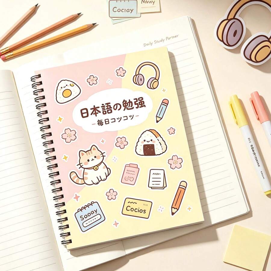 1pc A5 Spiral Japanese Language Learning Notebook, Cute Kawaii Cat Rice Ball Sticker Style Printed Cover, Macaron Color Coil Notepad, Highly Attractive Stationery Gift For Japanese Learners Back To School - A5-chinese Language - View 1