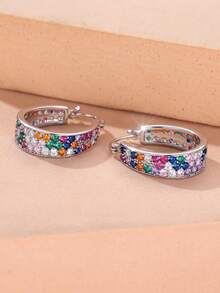 1 Pair Of Vibrant, Full-Set Colorful Zirconia Square Women's Earrings-Perfect For Everyday And Party Wear, And A Great Accessory For Outings - Silver - View 4