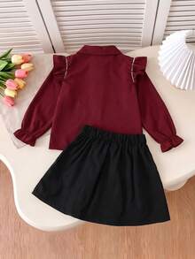 Girls Burgundy Collared Ruffle Trim Rhinestone Long Sleeve Blouse + Black Pleated Mini Skirt 2-Piece Set, Preppy Style - Burgundy - View 2