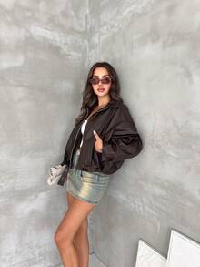 New Vintage Bomber Jacket, Solid Color Casual Zipper Pocket Jacket, Leather Jacket, Regular Fit, Women's Winter Jacket Black Fall - Brown - View 6