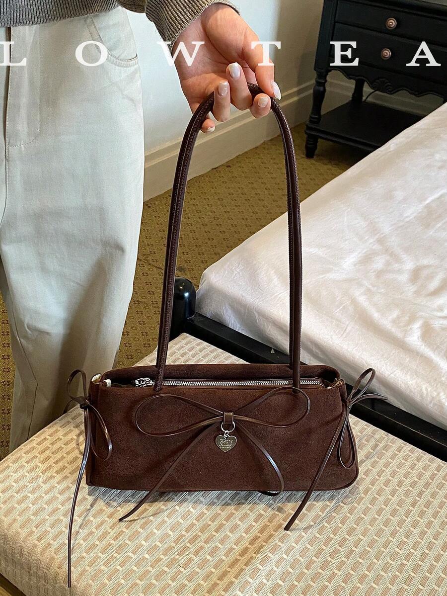 low tea 1pc Fashion Square Baguette Suede Fabric Shoulder Bag, Suitable For Commuting, Shopping And More
