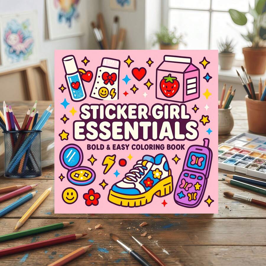 1pc Cute Sticker Coloring Book, Includes 24 Pages Of Fun And Adorable Patterns, Featuring Classic Elements Every Girl's Sticker Pack Can't Miss. From Hearts, Iced Coffee To Cosmetics, Headphones, Sparkling Stars-Perfect Gift For Birthday, Halloween, Christmas And Other Holidays