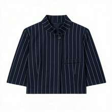 Women's Regular Fit Short Blazer, Short Sleeve Business Suit Jacket, Suitable For Spring/Summer Graduation Season - Navy Blue Stripes - View 5