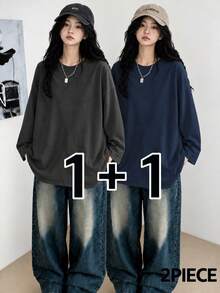 Women's Fashion Autumn/Winter Loose Minimalist Versatile Solid Color Long Sleeve T-Shirt 2pcs/Set - Dark Grey + Navy Blue - View 1