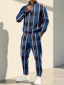 Men's 2 Pieces Sports Set - Plaid Print Half-Zip Stand Collar Long Sleeve Sweatshirt With Drawstring Casual Pants - Multicolor - View 1