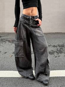 1pc American Street Retro Women's Patchwork Multi-Pocket Double-Waist Cargo Loose Jeans Fashion Wide-Leg Denim Pants All-Season Versatile Long Pants (Belt/Accessories Not Included) - Black - View 8