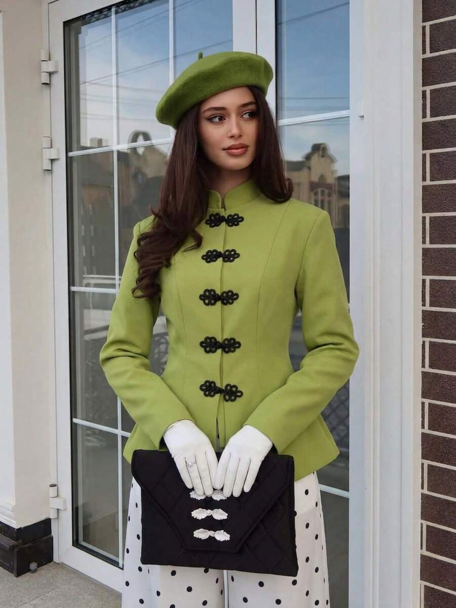 Women's Green Woven Fabric Stand Collar Long Sleeve Jacket, Decorated With Frog Buttons, Regular Length, Suitable For Autumn/Winter Wear - Green - View 1