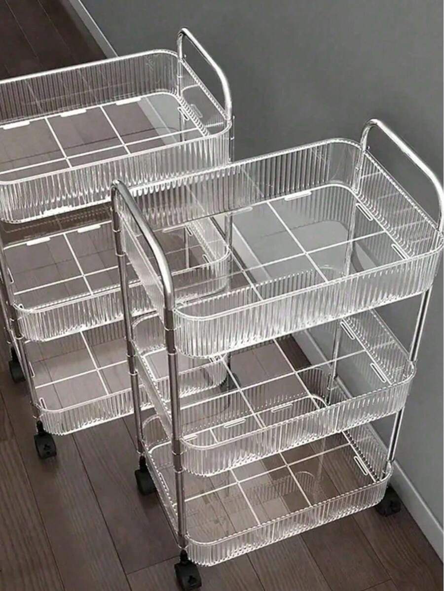 1pc 2/3/4 Tier Rolling Cart, Transparent Multi-Function Storage Cart With Handle And Wheels, Mobile Storage Rack For Office, Bathroom, Kitchen And Living Room, Transparent Home Utility Cart, Home Organization - Clear - View 1