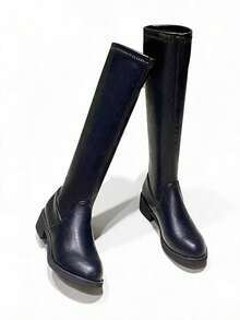 NobleVue New Slim Fit Mid-Calf Boots, Elastic & Comfortable Thick Heeled Black Fashion Tall Riding Boots - Black - View 1