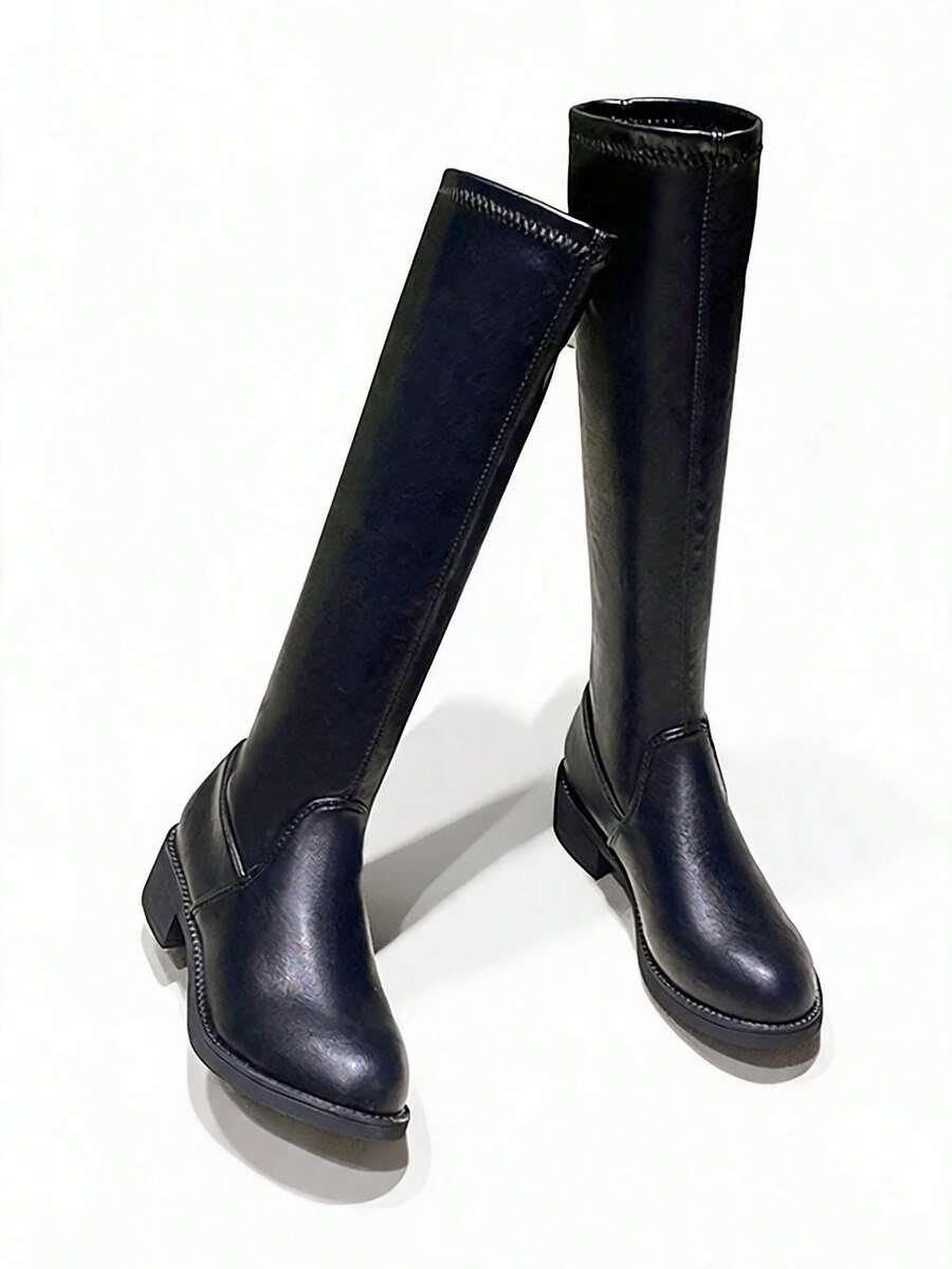NobleVue New Slim Fit Mid-Calf Boots, Elastic & Comfortable Thick Heeled Black Fashion Tall Riding Boots - Black - View 1
