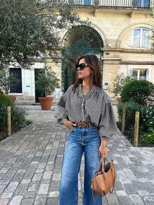 Women's Plaid Woven Cotton Long Sleeve Shirt, Stand Collar Design With Button Details, Perfect Choice For Autumn Outfit - Multicolor - View 4