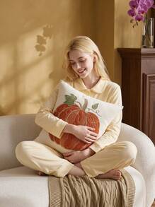 Cirelle 1pc Green Pumpkin Embroidered Decorative Pillow Cover, 17.7*17.7inch, Suitable For Indoor Decor, All Season Throw Pillow Cover, Pillow Insert Not Included - Green - View 3