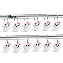 12pcs Halloween Shower Curtain Hooks, Stainless Steel Rust-Proof Resin Hand-Painted Cute Girl Bow Ghost Decorative Shower Curtain Rings, Halloween Home Decor Bathroom Accessories - 12pcs White - View 6