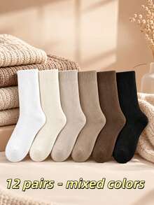 6 Pairs Women's Warm Thick Fleece Mid-Calf Socks, Autumn/Winter - Multicolor - View 13