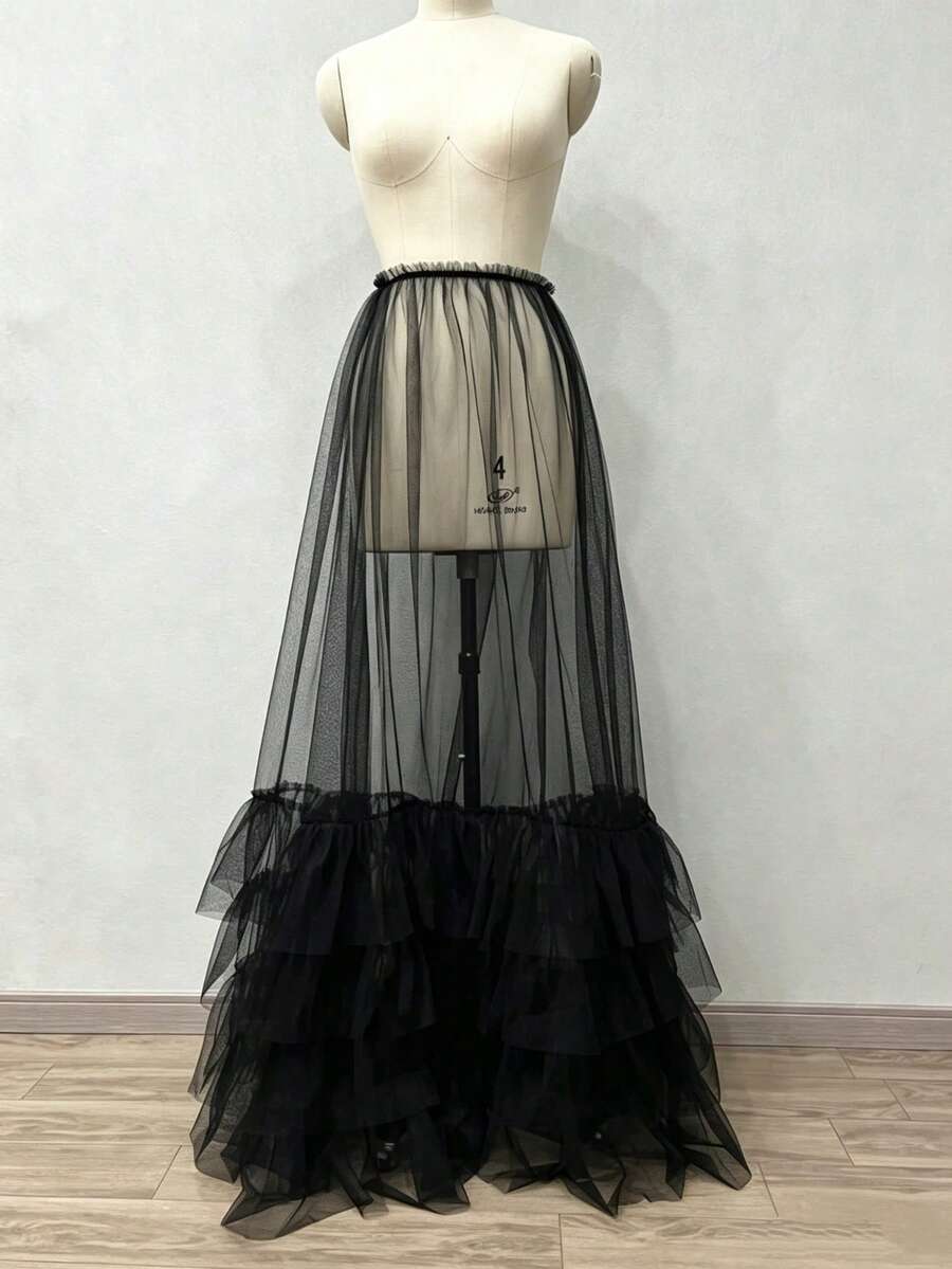1pc Bridal Train Layered/Cake Skirt, Black Sheer Elastic Waist Long Tulle Skirt, Length 110cm
