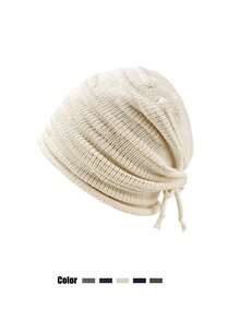 1pc Women's Autumn/Winter Drawstring Knit Beanie Hat, Slouchy Knit Cap, Unisex Loose Large Head Circumference Fashion Cold Weather Hat - Multicolor - View 11