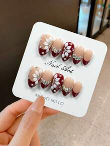 YINZIJIA 10 Pieces, Handmade Hand-Painted French Floral Gradient Diamonds, Subtle Differences=Unique Handmade Short Almond Shaped Pure Handmade Nail Board Set, Suitable For Girls And Women To Wear On Daily Holidays, 1 Nail File And 1 Piece Of Jelly Glue - Red - View 1