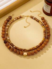 OABE 2pcs/Set Bohemian Style Brown Tone Spherical Beads & Asymmetrical Shaped Beads Necklace Set, Layered Vintage Autumn Outfit Accessory Suitable For Women's Daily Wear - Brown - View 5