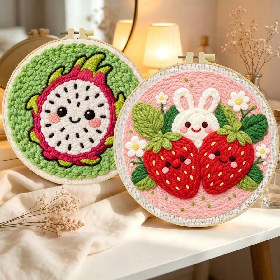 DIY Punch Needle Kit For Beginners – Includes Punch Needle, Yarn, Instructions, Square Hoop & Pre-Printed Fabric (Delicious Fruit). Creative Craft For Wall Decor Or Gifting. 2D Printed Punch Needle Starter Kit. 20x20cm (7.87x7.87 In).