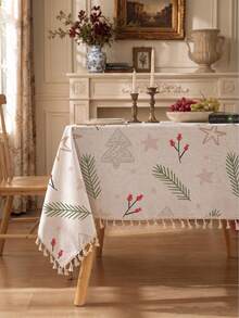 MEMNUN 1PC Christmas Minimalist Branch Berry Christmas Tree Star Print Pattern Tablecloth, Tassel Edge Design, Minimalist Small Tree Dining Tablecloth, Square Round Tablecloth, 140*220cm/140*180cm/140*140cm/90*140cm, Made Of Printed Polyester Blend Material, Christmas Decor Table Decor, Home Decor, Kitchen Decor, Table Cloth Rectangle, Table Cloth Square, Home Decor Suitable For Picnic, Camping, Party, Restaurant Buffet, Home Decoration, Dining Table Surface Decoration, Home DIY, Etc., Christmas Gift - Multicolor - View 5