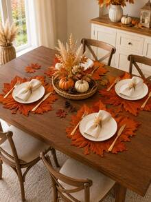 1/4/6PCS Orange Maple Leaf Linen Placemats, Rustic Autumn Leaf Shaped Table Mats, Farmhouse Heat Resistant Dining Place Mats For Thanksgiving Table Decor, Fall Kitchen Dining Room Party And Seasonal Home Decoration - Multicolor - View 5