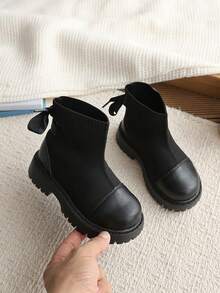 Fashion Girls Bow Knit Sock Boots, Round Toe Thick Sole Wear‑Resistant Non‑Slip Slip‑On Versatile Little Girl Ankle Boots - Black - View 6