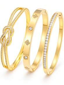 Camhanno 3pcs Gold Zirconia Open Bangle Set, Stainless Steel Cross & Clover Inlaid, Stackable Women's Jewelry Gift - Multicolor - View 5