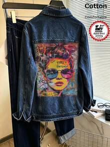 Women's Denim Jacket, 80s American Graphic White Ink Direct-To-Garment Print, Vintage Washed Loose Fit Denim Jacket - Dark Denim Blue - View 4