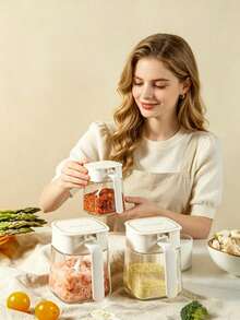 1 Glass Seasoning Jar With Built-In Spoon Handle, Flip Sealed Spice Box, Transparent Square Seasoning Bottle, Dust-Proof And Moisture-Proof Salt, Sugar, Pepper And Spice Storage Box, Tidy Kitchen Countertop, Suitable For Home Cooking - Multicolor - View 9